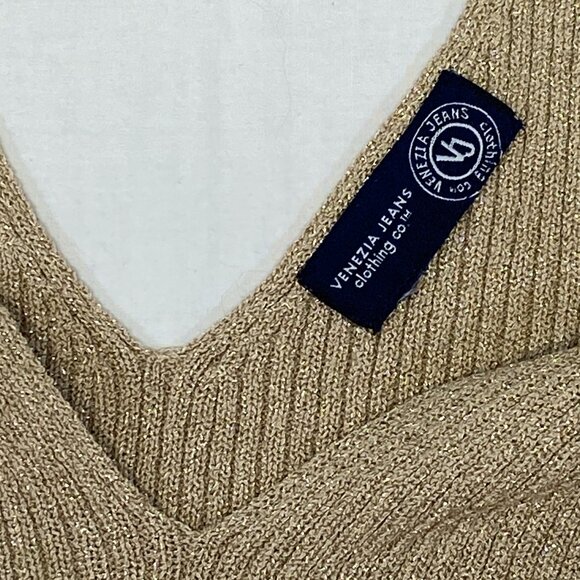 Venezia Jeans Co Gold Metallic Rib Knit Tank Sleeveless V-Neck Shimmer Top Lurex - Picture 11 of 12